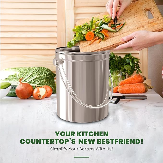 Utopia Kitchen Compost Bin for Kitchen Countertop, 1 Gallon Compost Bucket for Kitchen with Lid, Includes 1 Spare Charcoal Filter (Silver)