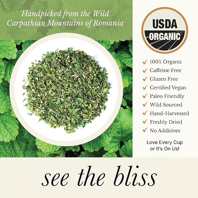 Organic Lemon Balm Tea - Caffeine Free Calming Herbal Tea - Pharmacopoeia Potency - 20 Plant Based Tea Bags