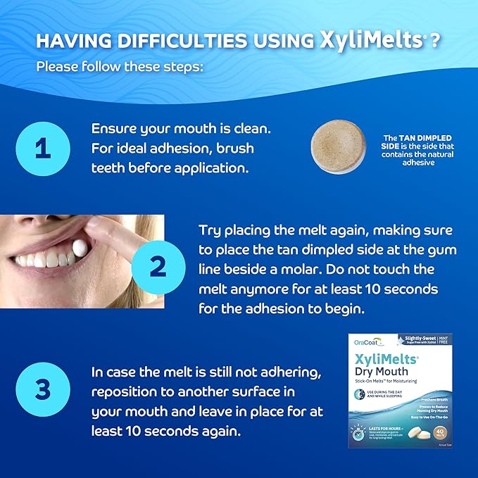 Oracoat XyliMelts for Dry Mouth Night Time or Day - Moisturizing Dry Mouth Adhering Discs, Sugar Free with Xylitol, 40 Count, Slightly-Sweet Flavor, 8-Hour Relief