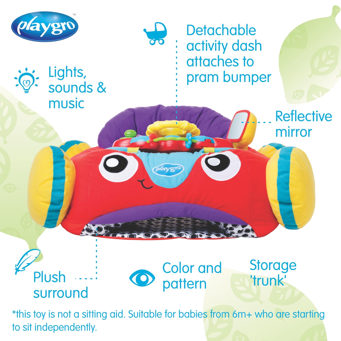 Playgro Music and Lights Comfy Car for Babies 6+ Months - Interactive Toddler Ride-On Toy for Imaginative Adventures - Detachable Dashboard, Storage Pouch, & Safe Play Space