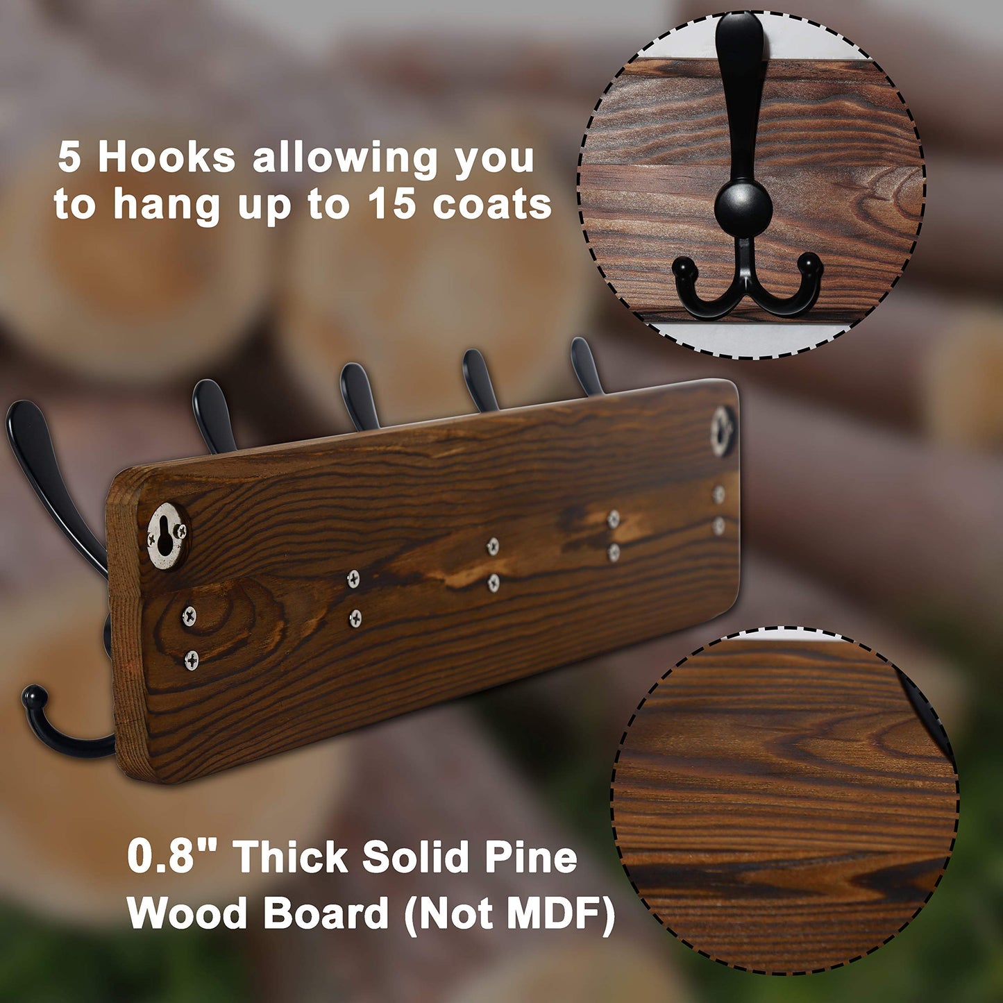 Dseap Coat Rack Wall Mount - Heavy-Duty Robust Rustic Wooden Wall Coat Hanger Hook Rail with 5 Triple Hooks for Winter Jacket & Hat Clothing, Light Brown & Black