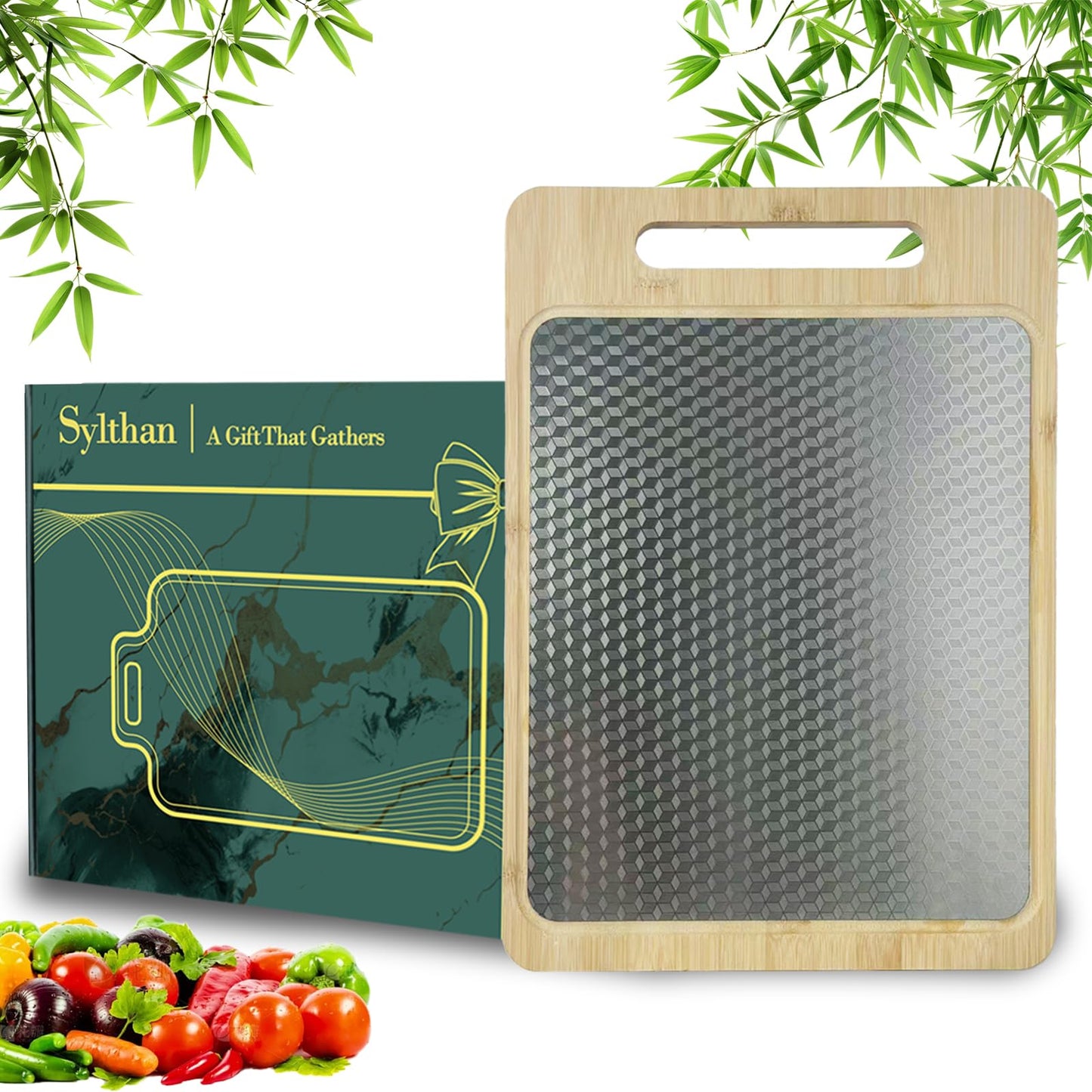 Double Sided Bamboo&Stainless Steel Cutting Board with Juice Groove and Handle, Non Toxic, Wooden Chopping Boards for Kitchen,Charcuterie Board,Ideal Gift for Housewarming(15”×11”Large YC)