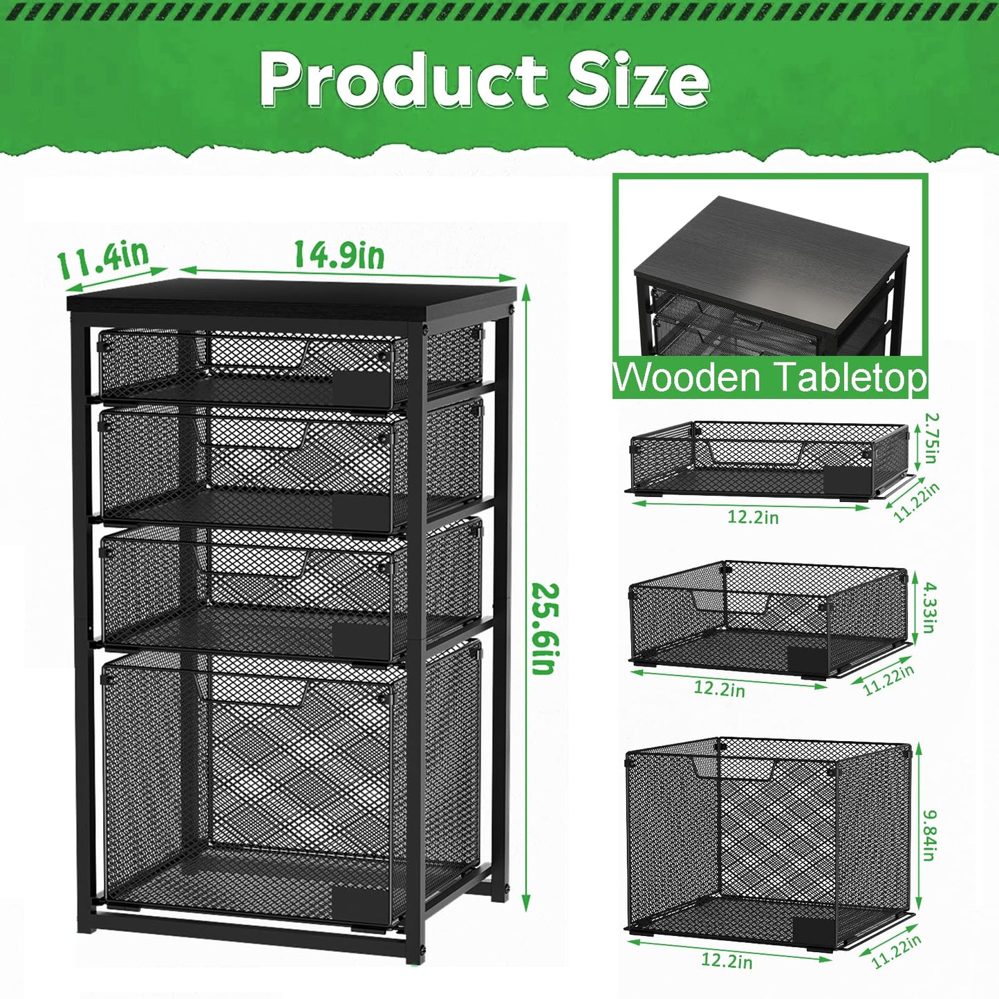 Sbanmao 3 Drawers Rolling Storage Cart, Utility Cart with Wooden Tabletop, Rolling Storage Drawer Cart with Lockable Wheels, Storage Craft Cart for Bedroom, Bedroom, Office, Black