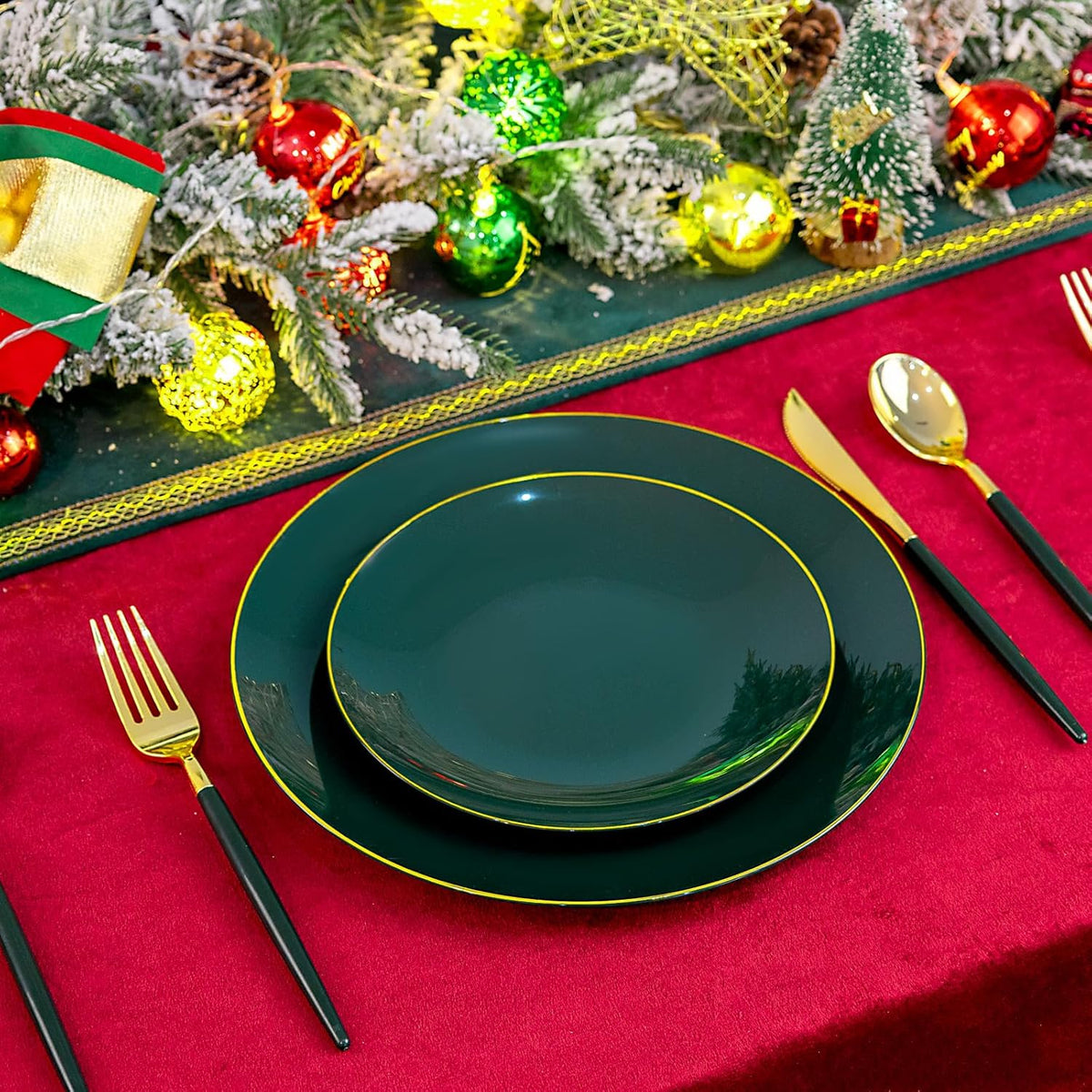 Liacere 150PCS Green Plastic Plates - Gold Plastic Silverware with Green Handle - Heavy Duty Fancy Plastic Plates Disposable Include 30 Guests Plates, Forks, Spoons, Knives for wedding＆Christmas