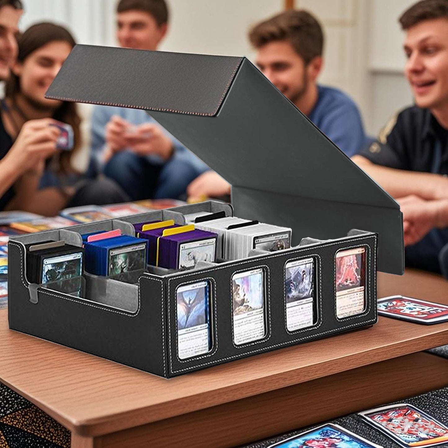 TINTEK 4-Row Trading Card Storage Box – Holds 3000+ Cards – Commander Display Slot, Magnetic Removable Lid, PU Leather Deck Box – Compatible with MTG Commander, TCG,(T2400Black&Gray)