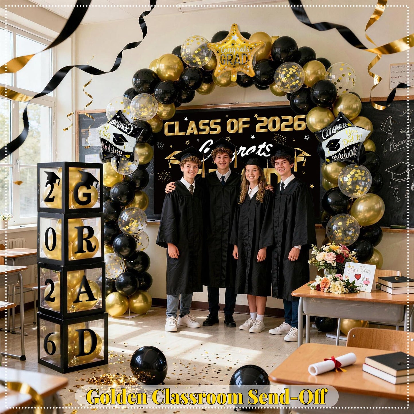 Black and Gold Graduation Decorations 2026, 138 Pcs Graduation Balloon Arch Kit with 4 Grad Boxes, 2026 Graduation Backdrop, Foil Balloons & Congrats Grad Party Decor