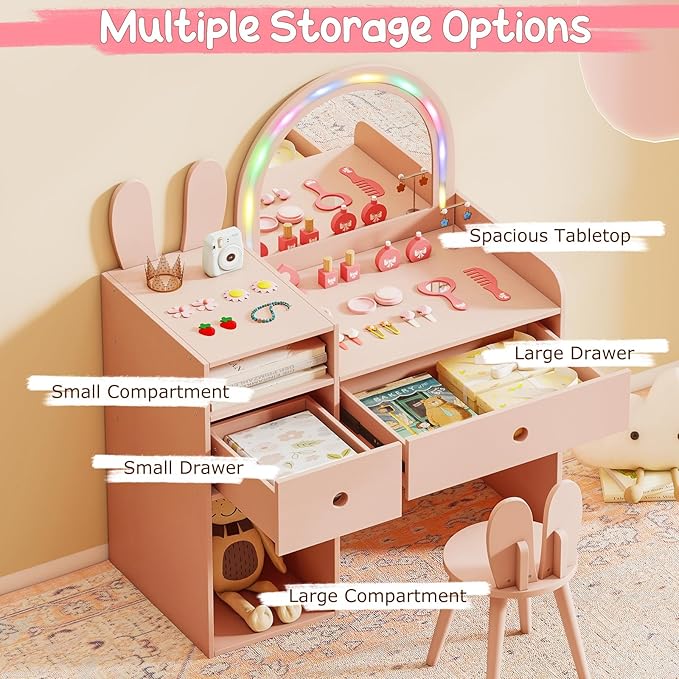 Costzon Kids Vanity, Girls Vanity Set with Mirror and Stool and Lights, Drawers & Storage Compartments, Toddler Makeup Vanity Desk Dressing Table, Wooden Kids Vanity Table and Chair Set (Pink)