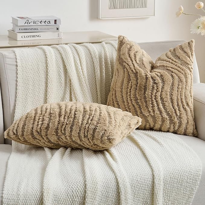 FUTEI Khaki Decorative Throw Pillow Covers 20x20 Inch Set of 2,Soft Faux Fur Geometric Shapes Texture Cushion Case,Boho Home Decor for Couch Bed Living Room