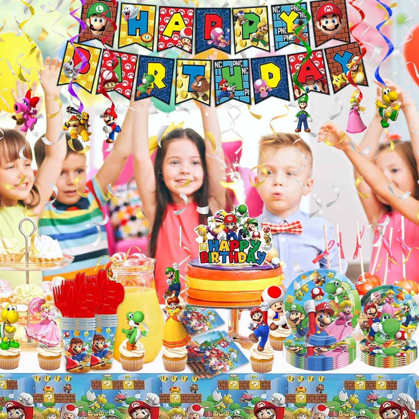 Birthday Party Supplies Ultimate Kit - 14-in-1 Decorations Set with Banner, Backdrop, Tablecloth, Balloons, Plates, Cutlery, Cake Toppers for Themed Parties