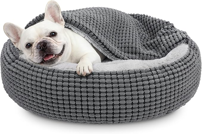 SIWA MARY Small Dog Bed with Attached Blanket, Cozy Donut Cuddler Anti-Anxiety Hooded Pet Beds Calming Cave Bed. Orthopedic Round Puppy Beds for Dogs or Cats Washable, Anti-Slip Bottom, 23inch