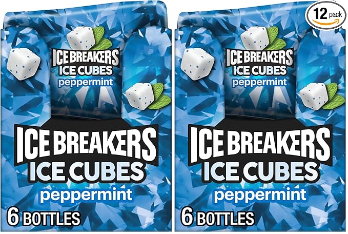 ICE BREAKERS Ice Cubes Peppermint Sugar Free Chewing Gum Bottles, 3.24 oz (6 Count, 40 Pieces) (Pack of 2)