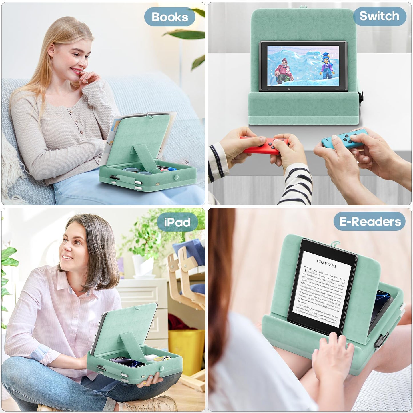 KDD Tablet Pillow Stand with Storage, Foldable iPad Holder for Bed, Lap and Desk, Angle Adjustable Soft Pad Dock with Stylus Mount Compatible with iPad Pro 12.9, 11, Air, Mini, Phones, Books (Green)