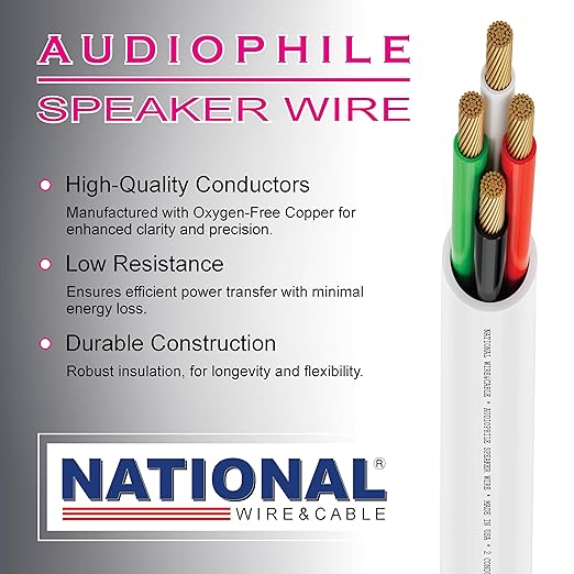 National Wire&Cables - 14/4 Audiophile Speaker Wire (200 Feet) 14AWG Gauge - Made in USA - in Wall Audio Speaker Wire Cable/CL Rated/ETL Listed / 2 Conductors - OFC Oxygen-Free Copper, White 200ft
