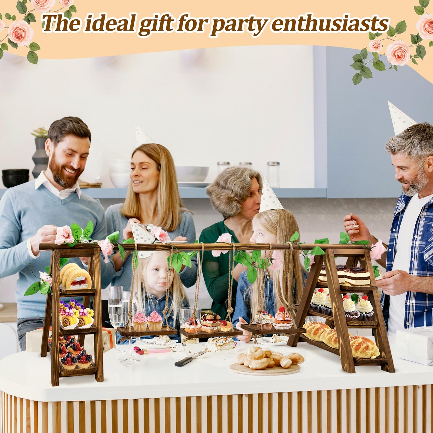 meiqidi Foldable 3-Tier Wooden Cake Stand with Removable Trays & Flower Decor - Display for Cupcakes, Desserts, Fruit, Snacks, Party & Catering Food Presentation