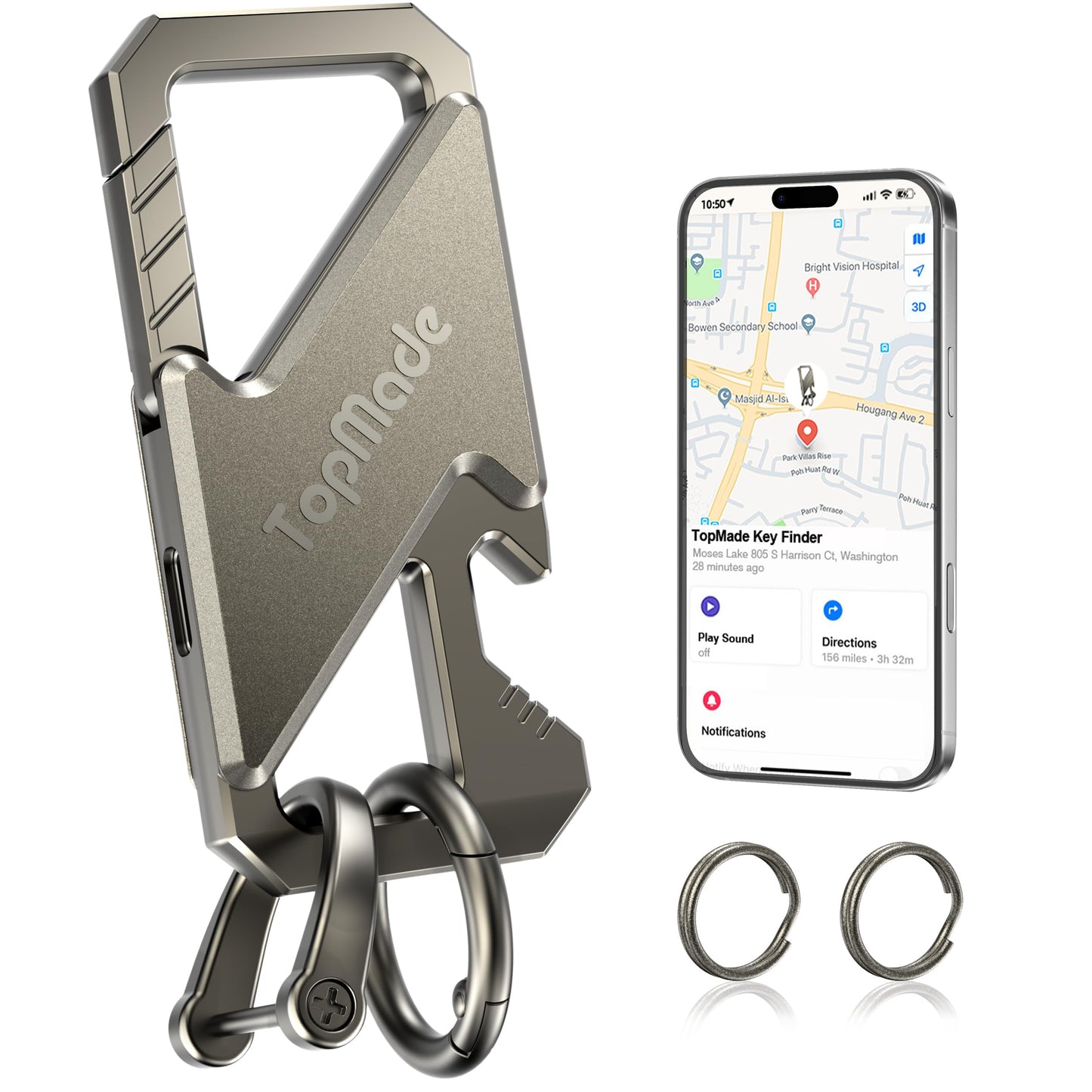 Keychain, Works with Apple Find My, Carabiner Heavy Duty Car Key Chains, Bottle Opener Anti-Lost Keys with Smart Bluetooth GPS Tracker, Rechargeable Smart Key Finder for Luggage, Backpack, Gunmetal