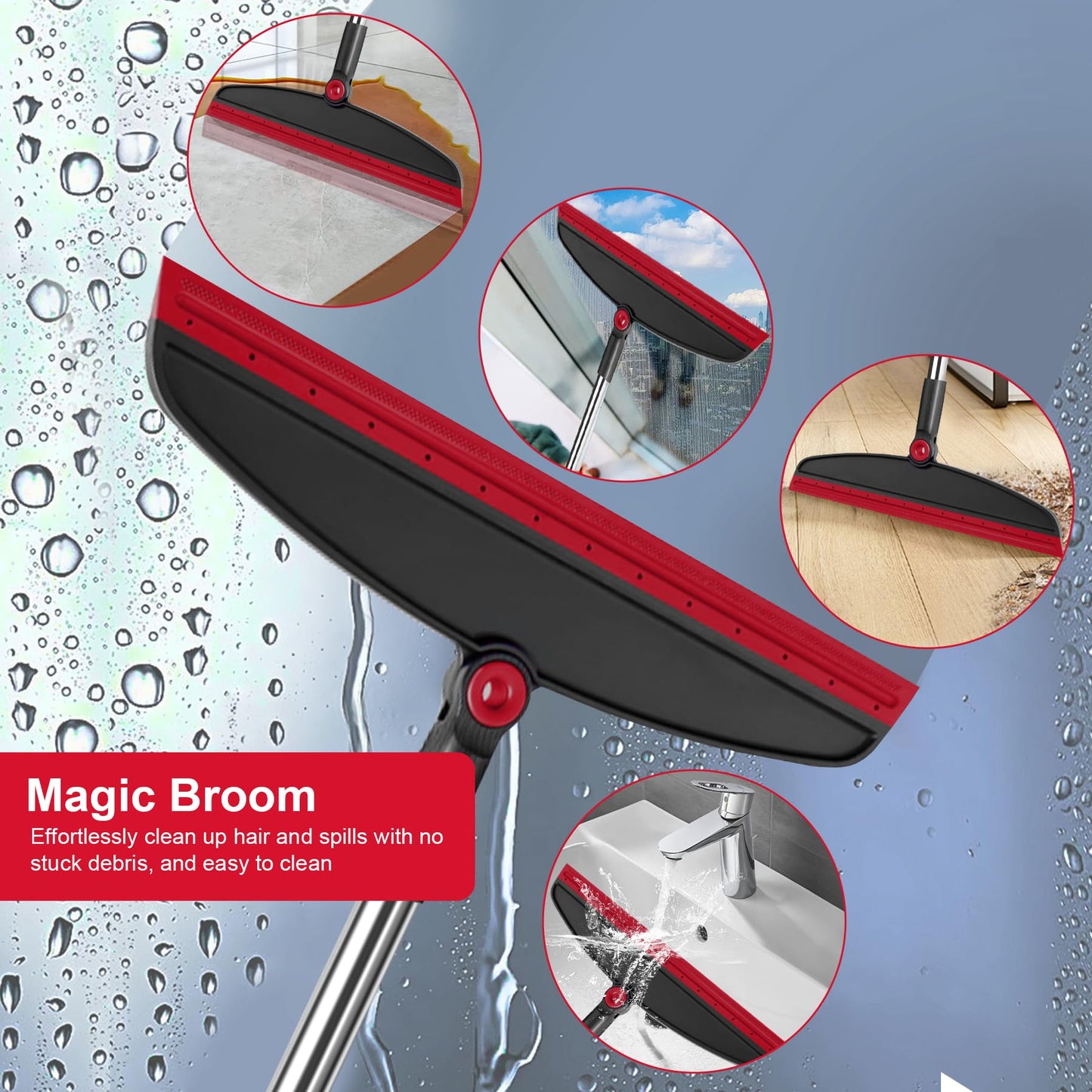 UDUK Broom with Dustpan Combo Set and Silicone Air Broom Kit, 51" Long Handle Floor Squeegee, Red Household Kit for Glass Window Rugs Pet Hair Home