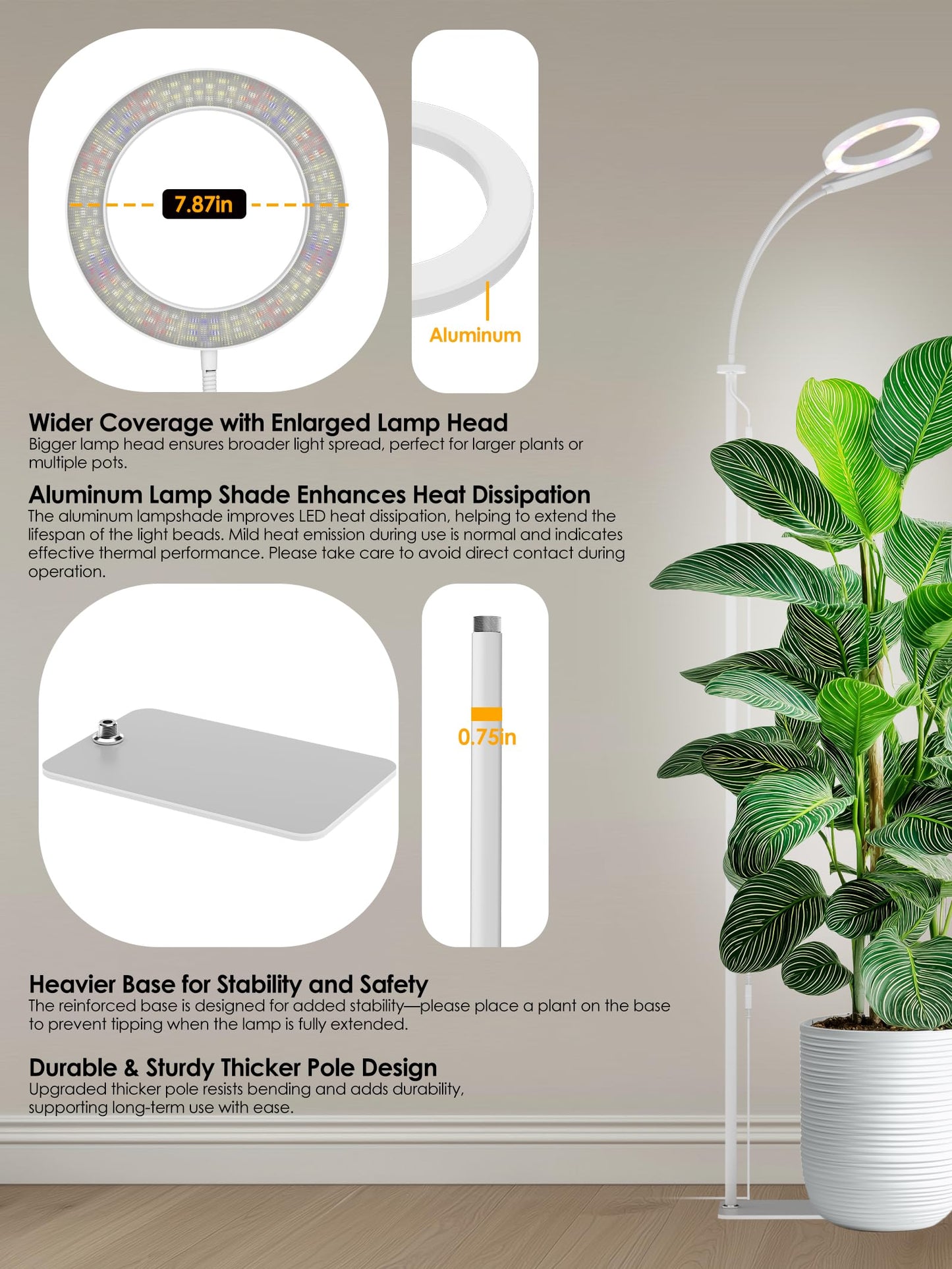 GLOWRIUM Grow Lights for Indoor Plants, Full Spectrum LED Grow Light, Stepless Dimming,3 Lighting Mode and Adjustable Height, Plant Light with 3/9/12/16H Timer (White, Dual Heads)