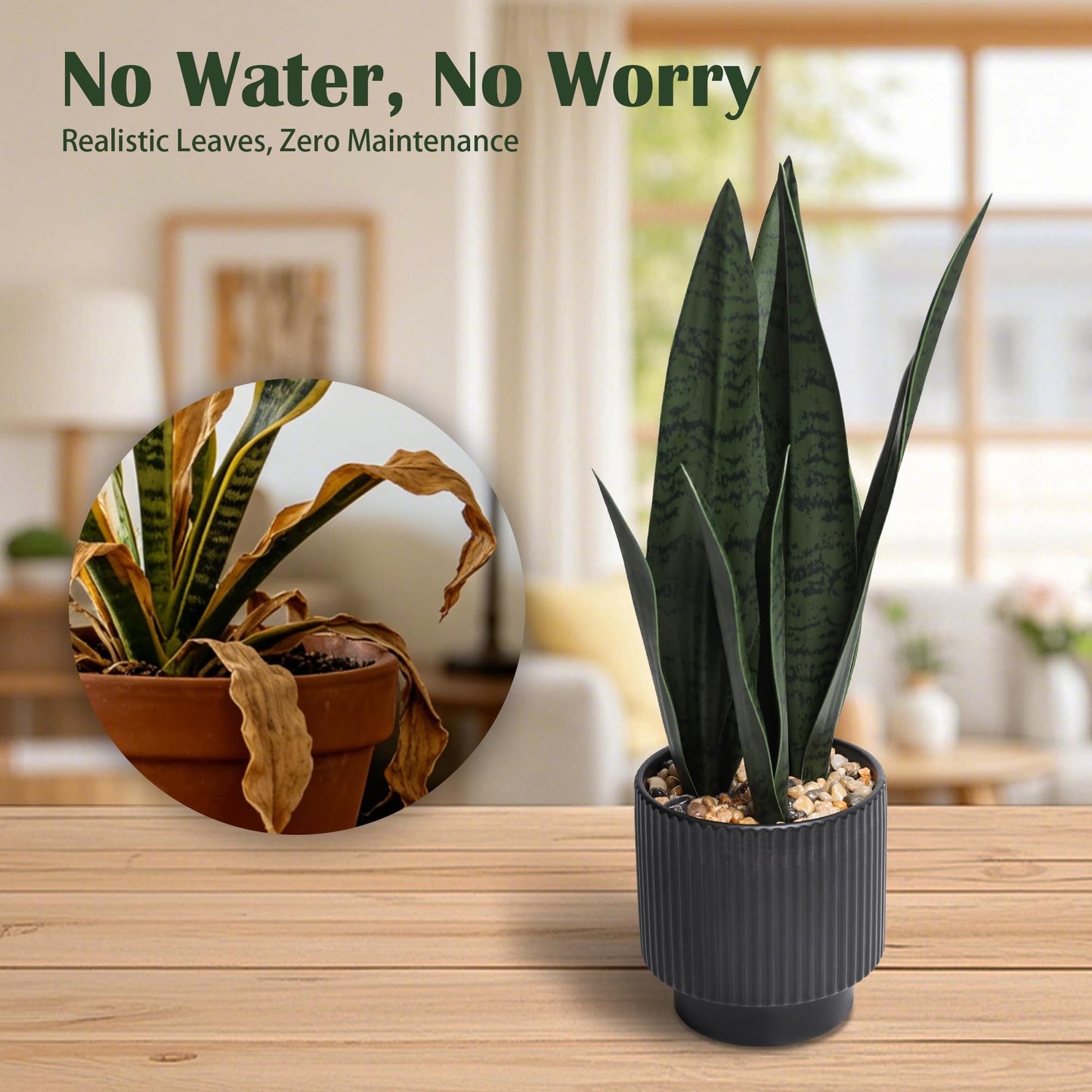 Chonsun Artificial Plants Sansevieria Snake Plant with Black Ceramic Pot Desk Small Fake Plant for Indoor Living Room Kitchen Bathroom Farmhouse Home Decor