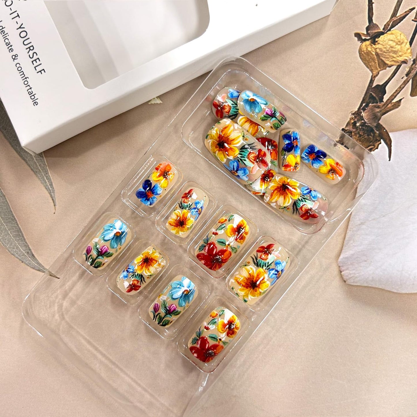 Flower Press on Nails Medium Length Spring Fake Nails Square Nails Colorful Floral Pattern Design Full Cover Glossy Acrylic Nails Artificial Coffin Nails Flower Stick on Nails Glue on Nails for Women