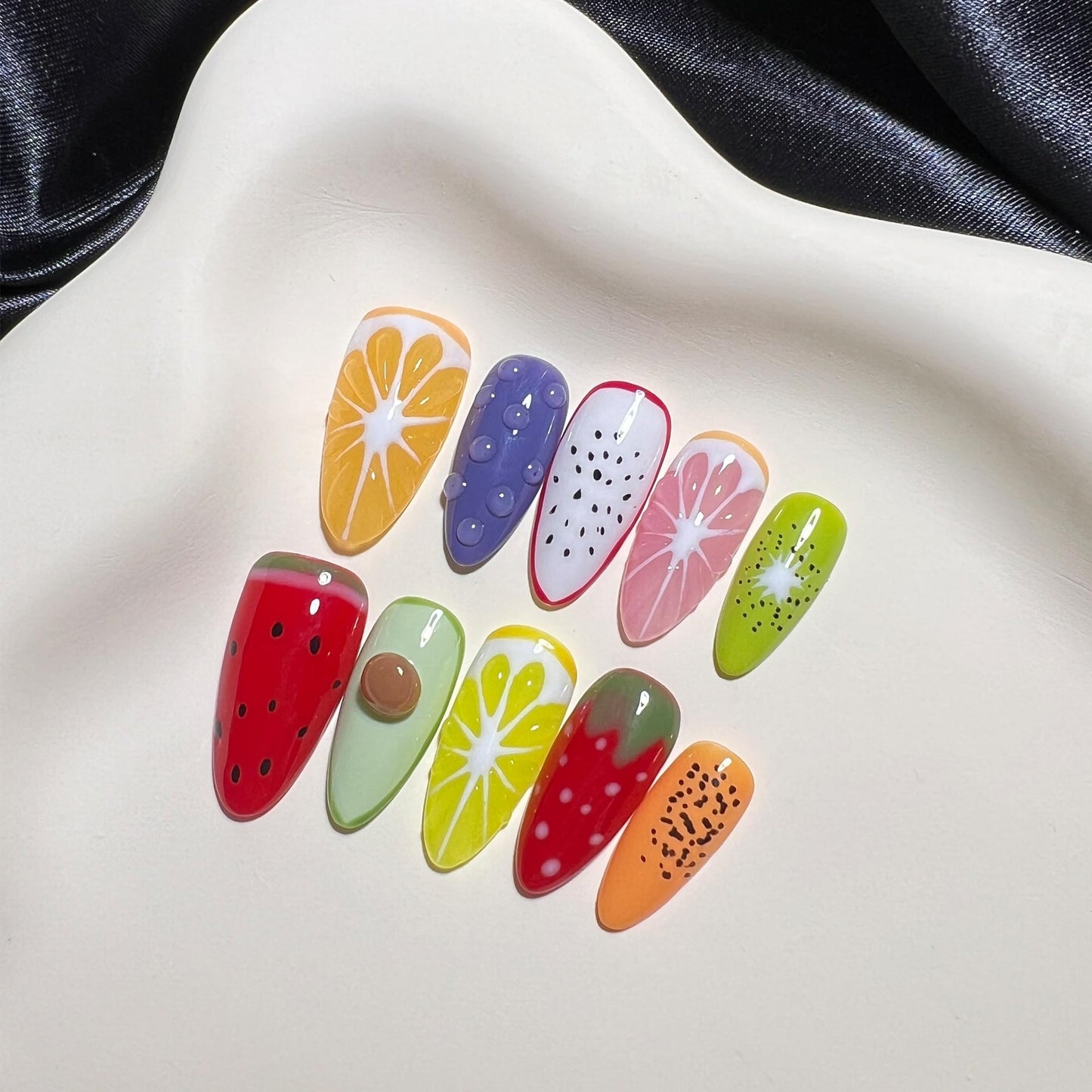 Wsliana Handmade Press On Nails - Medium Almond False Nail Tips, 3D Fruit Design, 10pcs Reusable Glue On Acrylic Fake Nails, Long-Lasting, Easy Fit | Fashionable Nail Kit | Natural Look (076, L)