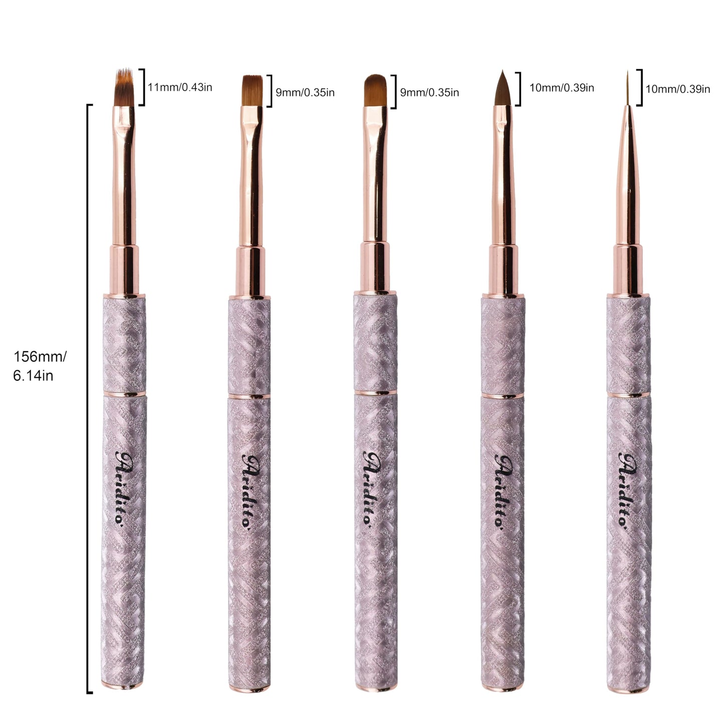 Aridito 5pcs new shiny leather case with metal handle and cap gel nail art brushes professional tools for High-end nail salon use