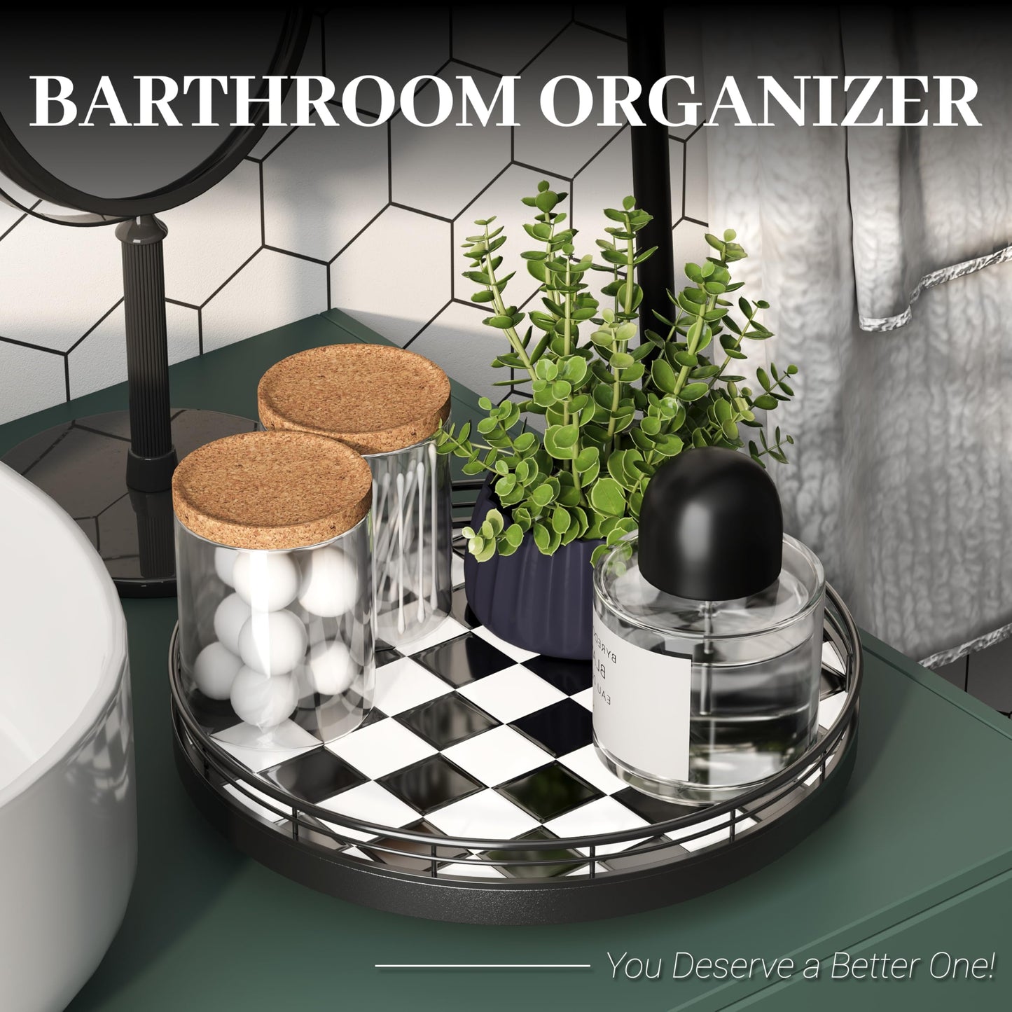 10.2-Inch Black & White Checkerboard Lazy Susan Organizer – Rotating Serving Tray with Oak Base, Iron Frame, & Ceramic Tile –Perfect for Dining Table, Kitchen Cabinet, Bathroom Countertop, Home Décor
