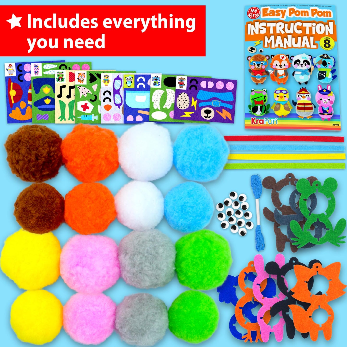 KRAFUN DIY Pom Pom Animal Craft Kit for Kids - Make 8 Pictures (Panda, Bear, Fox) - No Glue Mess-Free Sensory Art Activity - Creative Gift for Toddlers Boys & Girls Ages 3 4 5 6