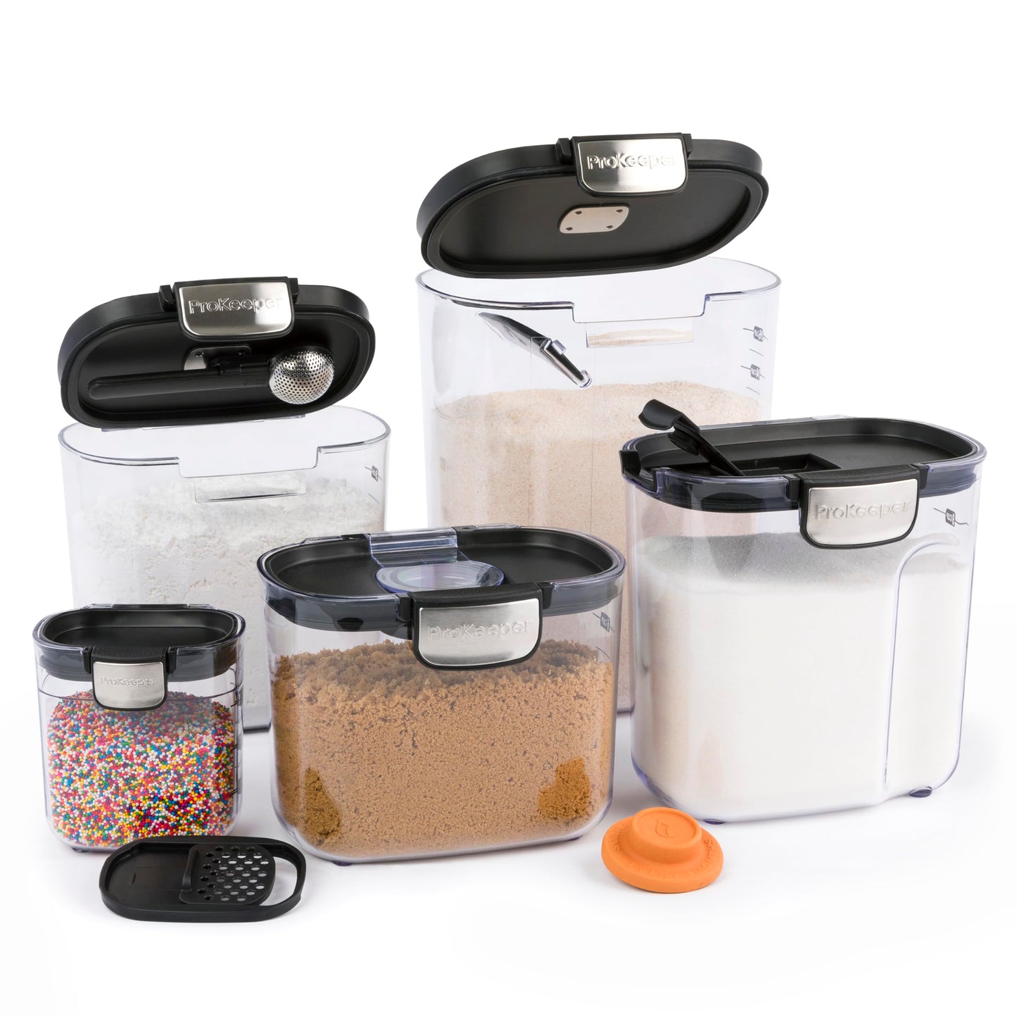 ProKeeper+ Airtight Food Storage Container Set – Clear Plastic Flour and Sugar Canister Set with Magnetic Accessories for Kitchen Organization (Black, 9-Piece)