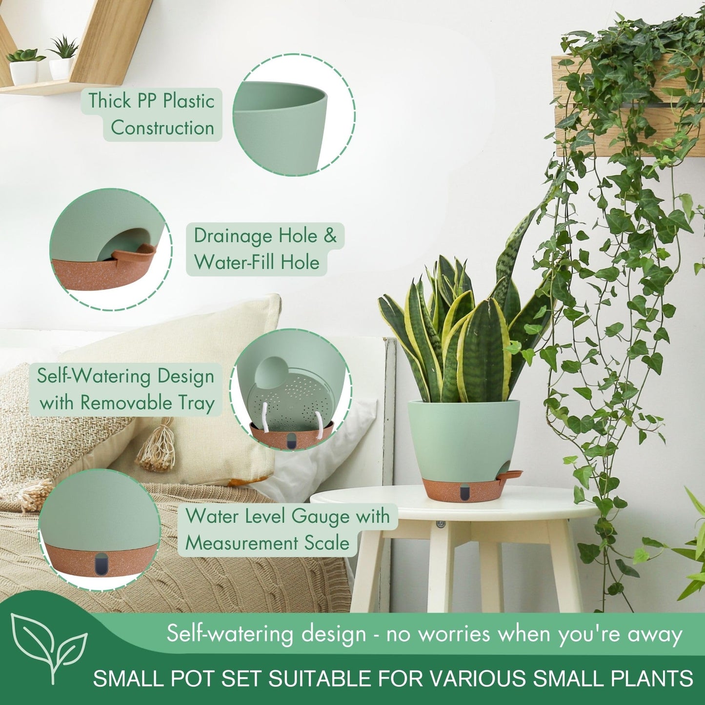 montresor 5 Pack Green 5/5.5/6/6.5/7 Inch Self Watering Planters for Outdoor, Plastic Plant Pots with Wick & Drainage, Small to Medium Indoor Pots for Snake Plant, Aloe