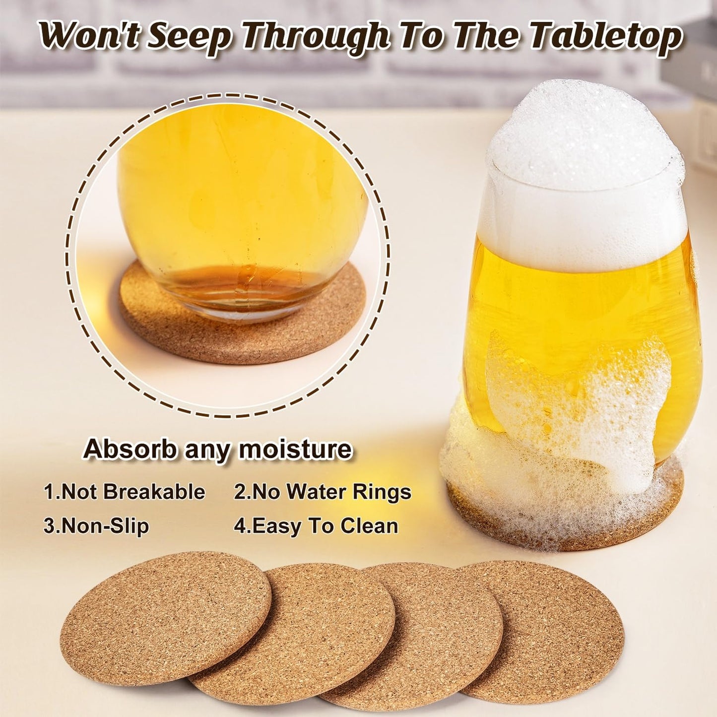 Cork Coasters Bulk for Drinks, 40Pcs Reusable Round Edge Coasters, 3.5 Inches Thick Absorbent Heat Resistant Drink Coaster for Bar Holiday Wedding Birthday Supplies Party Decor