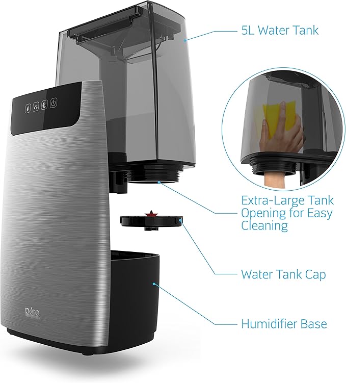 Pure Enrichment HumeXL Ultrasonic Cool Mist Humidifier - Large, Easy-to-Clean 5-Liter/1.3 Gallon Water Tank, Touch-Button Control, High/Low Mist, 2 Independent 360° Mist Nozzles and Night Mode