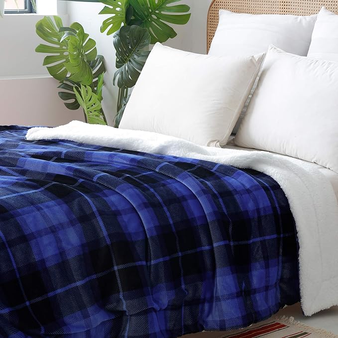 SOCHOW Sherpa Plaid Fleece Throw Blanket, Double-Sided Super Soft Luxurious Bedding Blanket 60 x 80 inches, Blue