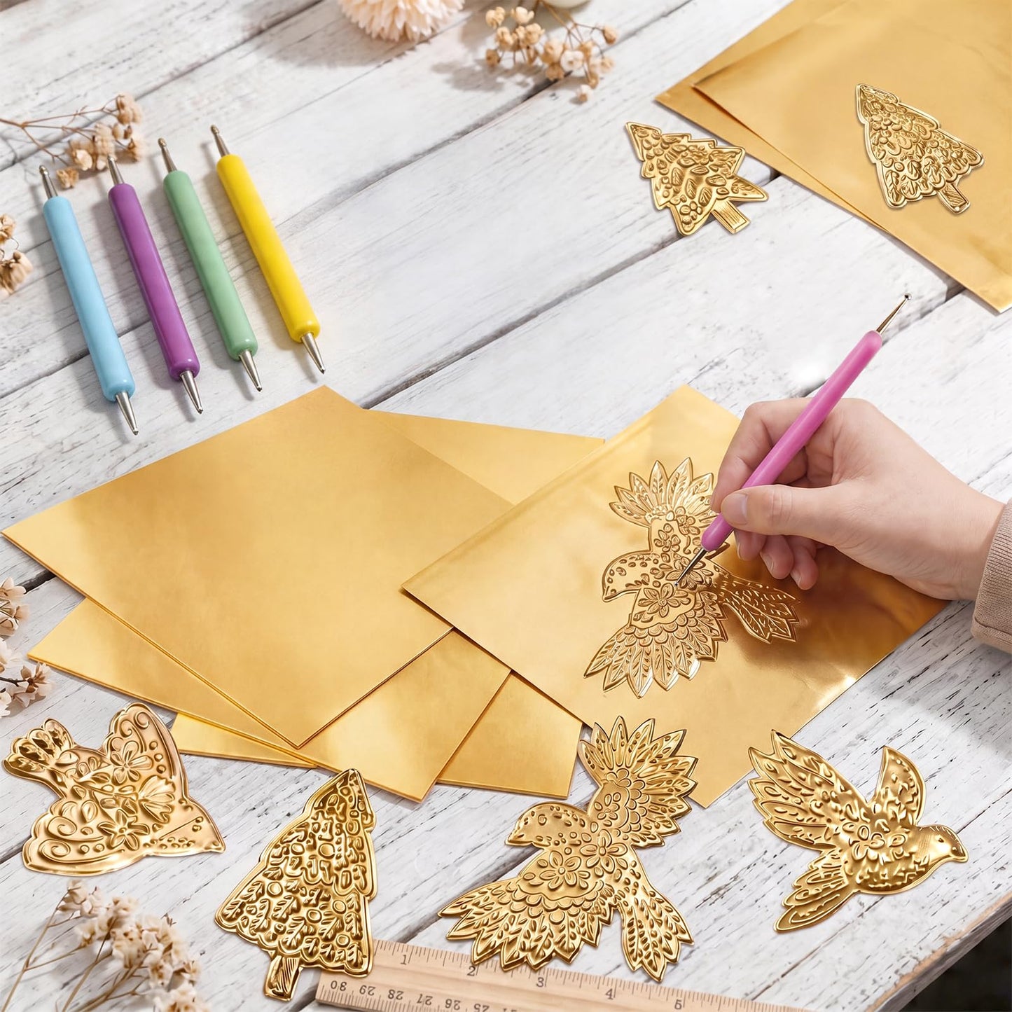 Aemygo 150 Pcs Aluminum Foil Sheets for DIY Crafts, 6 inch Heavy Duty Metal Embossing Sheet with Stylus Tools, Gold Square Tin Foil for DIY Painting and Embossing