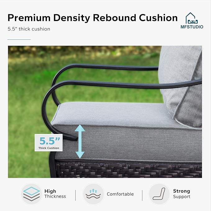 MFSTUDIO 4 Pieces Outdoor Patio Furniture Set, Metal Outdoor Conversation Set, Rattan Wicker Patio Sectional with 2 x Swivel Single Sofa, 3-Seat Sofa, 1 x Coffee Table, Grey