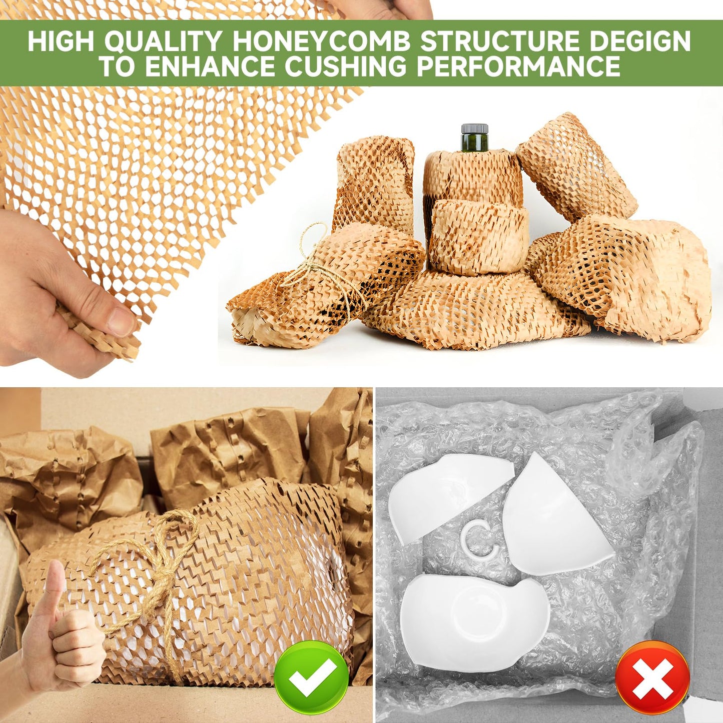 NAPALOOK Honeycomb Packing Paper Wrap 15''x328', Substitute Alternative for Bubble Cushioning Wrap for Moving Shipping Packaging, Recyclable Moving Supplies with 48 Fragile Sticker Labels