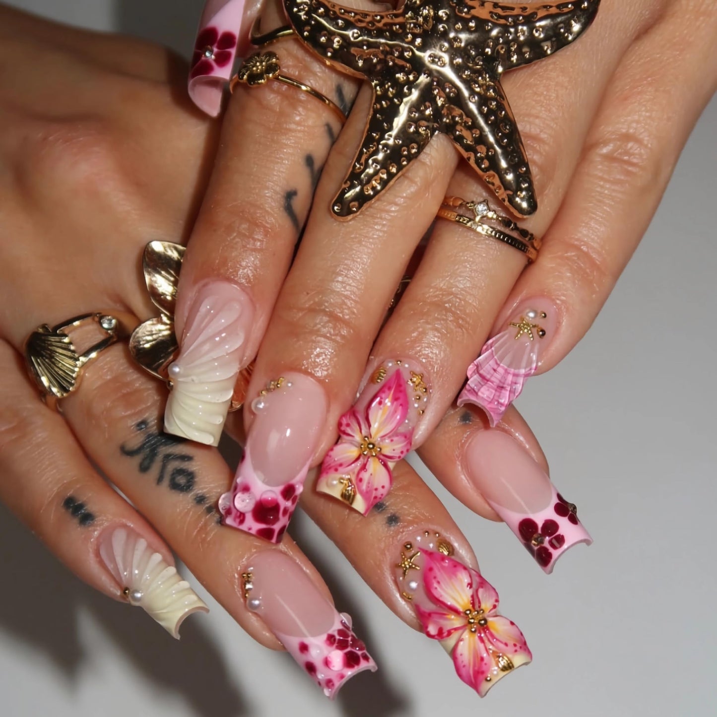 BABALAL Long Square Press on Nails - Pink French Tip Yellow Chrome 3D Texture Flower with Gold Charm Summer Handmade Full Cover Acrylic Squoval Nails 24 Pieces