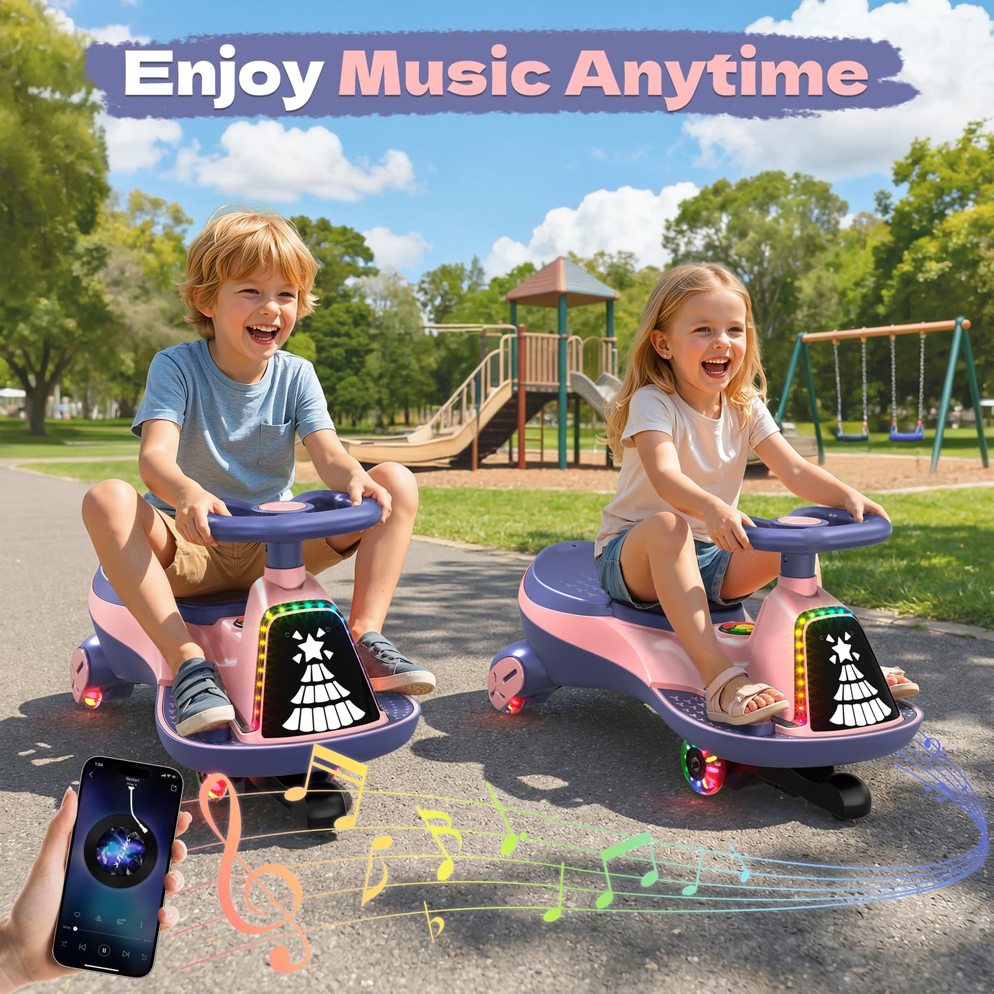 ANPABO 12V Electric Wiggle Car with Pedals, 2 Seater, 2x75W Motor, Music & Bluetooth, Ride On Toy for Kids Ages 3+, 170 Lbs, Pink