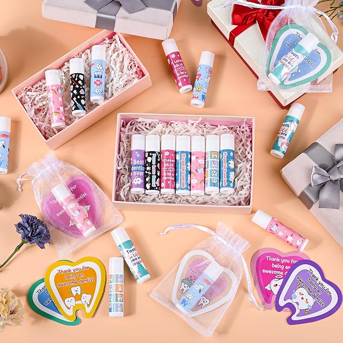 24 Pcs Dentist Gifts Include Lip Balm Thank You Tag Organza Bag Dental Gift for Dental Hygienist Dental Assistant Nurse Suitable Birthday Christmas Thanksgiving Gifts