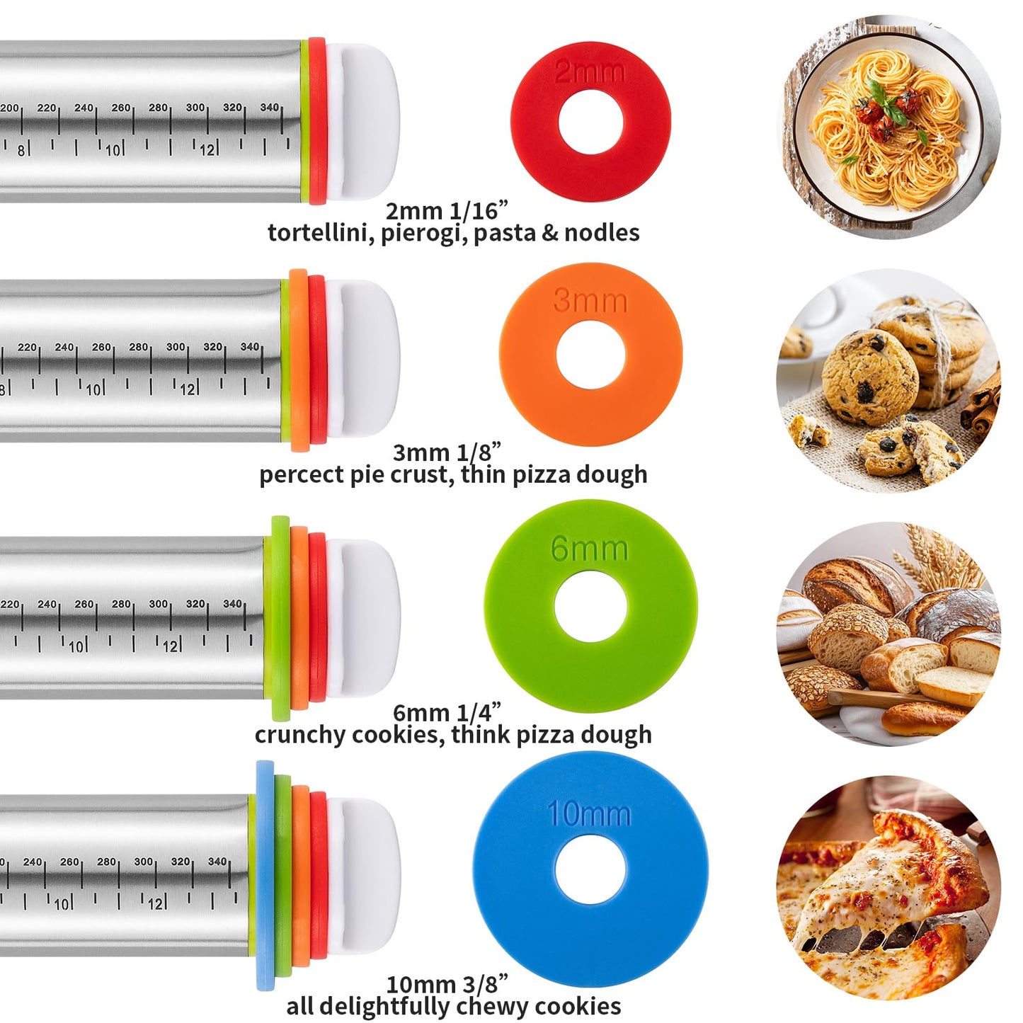 Adjustable Rolling Pin Set with Thickness Rings Cookie Cutters Dough Scraper Food Grade Stainless Steel Precise Dough Roller Handle Press Design for Baking Fondant Pizza Pie Pastry Pasta Cookies
