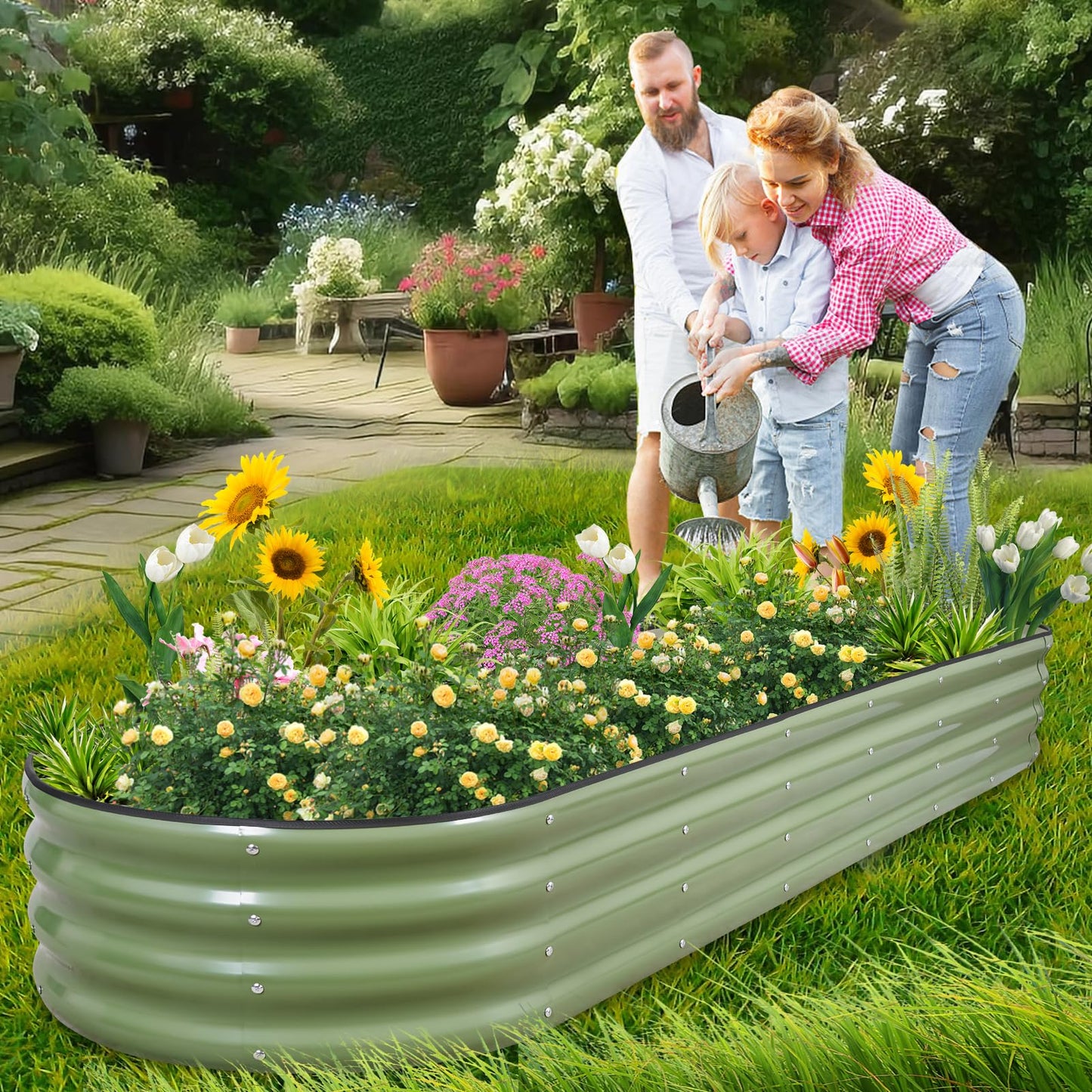 1MORE Galvanized Raised Garden Bed- Planter Garden Boxes Outdoor, Raised Beds for Gardening,8x2x1ft Metal Garden Bed Kit for Vegetables Flower, Planter Raised Beds with Tools.Green
