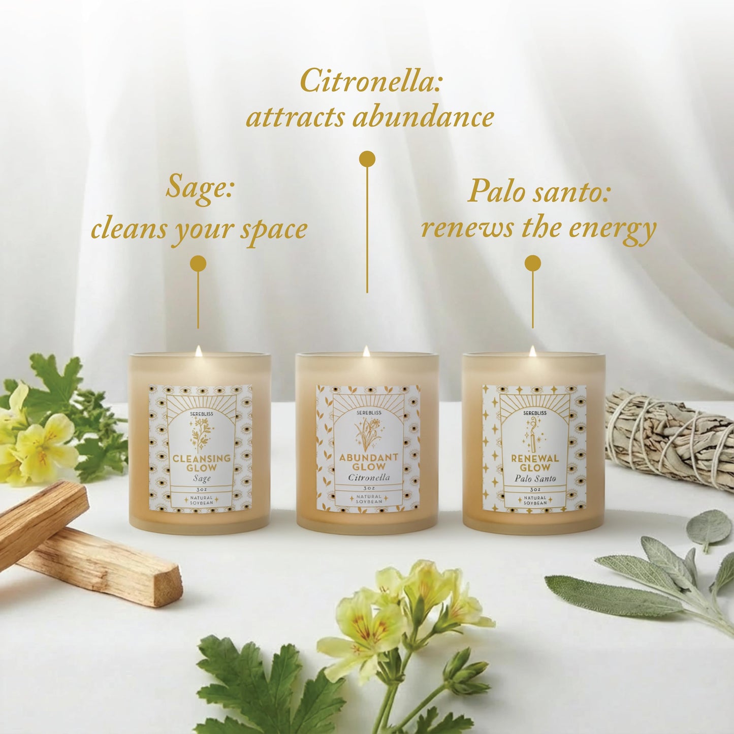Serebliss Candle Set - 3 Pack Soy Wax Aromatherapy Scented Candles for Energy Cleansing, Manifestation, Palo Santo, Sage, Citronella, Long Lasting, Gift for Women, for her, Smudge Kit