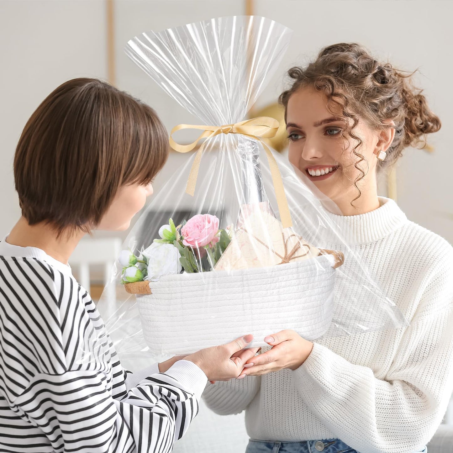 Colingmill Graduation Woven Gift Basket with Gift Bags and Ribbons 12"x8"x5" Empty Cotton Rope Storage Basket for Birthdays Wedding DIY Present(White)