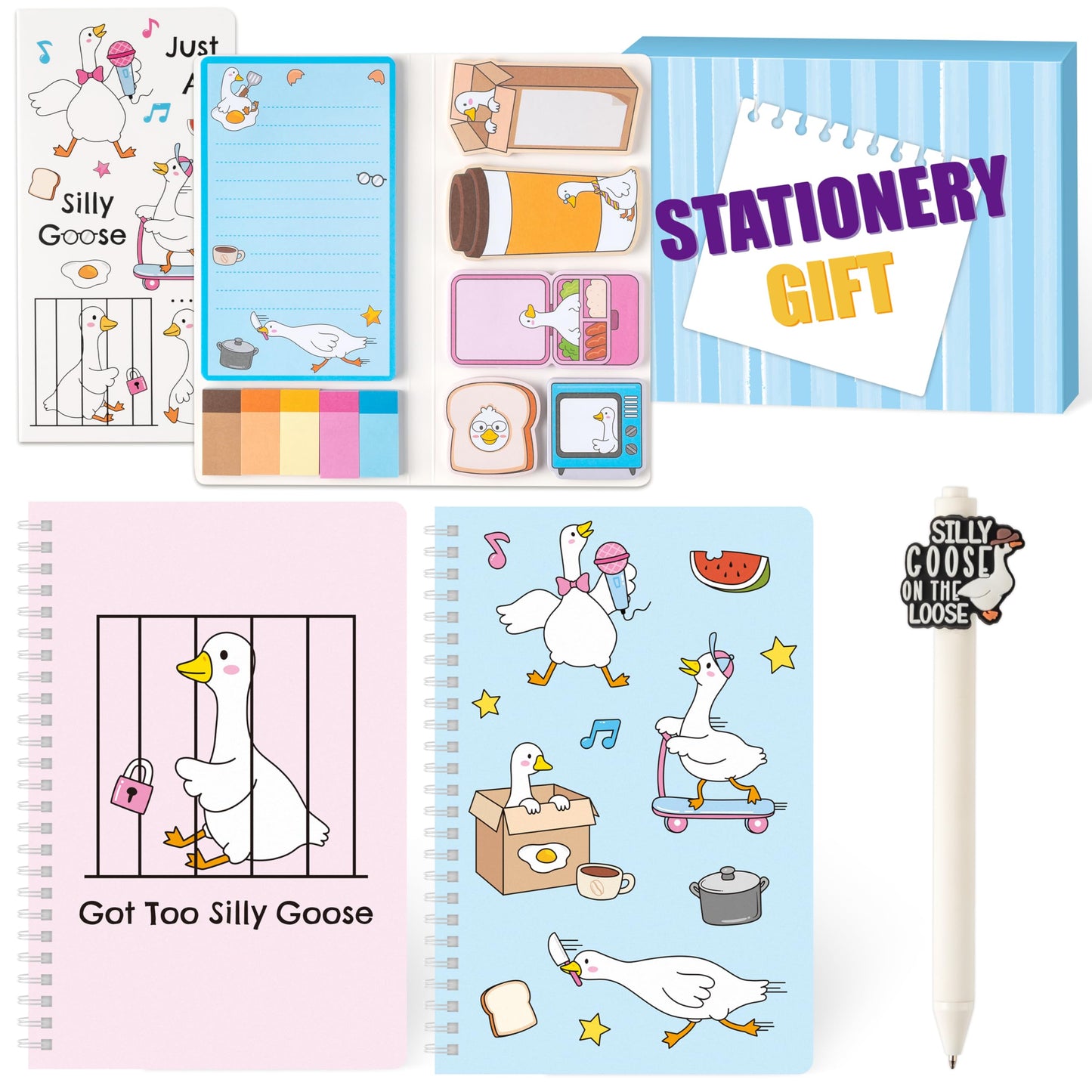 B1ykin Teacher Appreciate Stationery Gift Set - 3Pcs Got Too Silly Goose A5 Spiral Notebook & 550 Sheets Sticky Notes with Pen, Back to School Gift with Box for School Students Office (Funny Goose)
