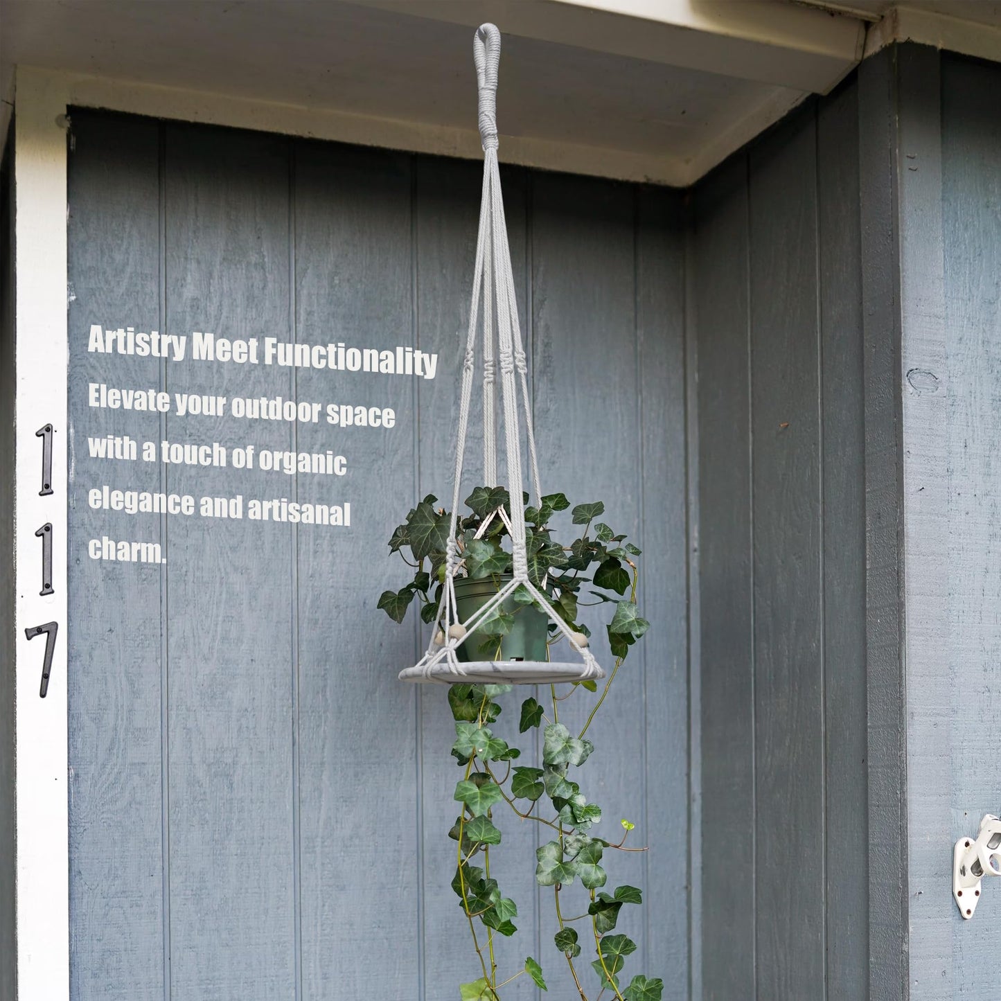 LUANT Handwoven Cotton Rope Plant Hanger with Natural Marble Base — Premium Indoor/Outdoor Macrame Basket, White