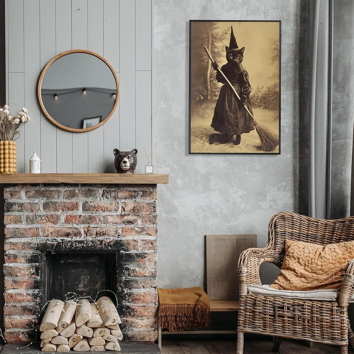 Halloween Decor Posters Black Cat Witch Canvas Wall Art Vintage Spooky Print Of Gothic Room Family Dark Academia Decorations Creepy Picture Poster Aesthetic 12X16inch Aluminum Framed