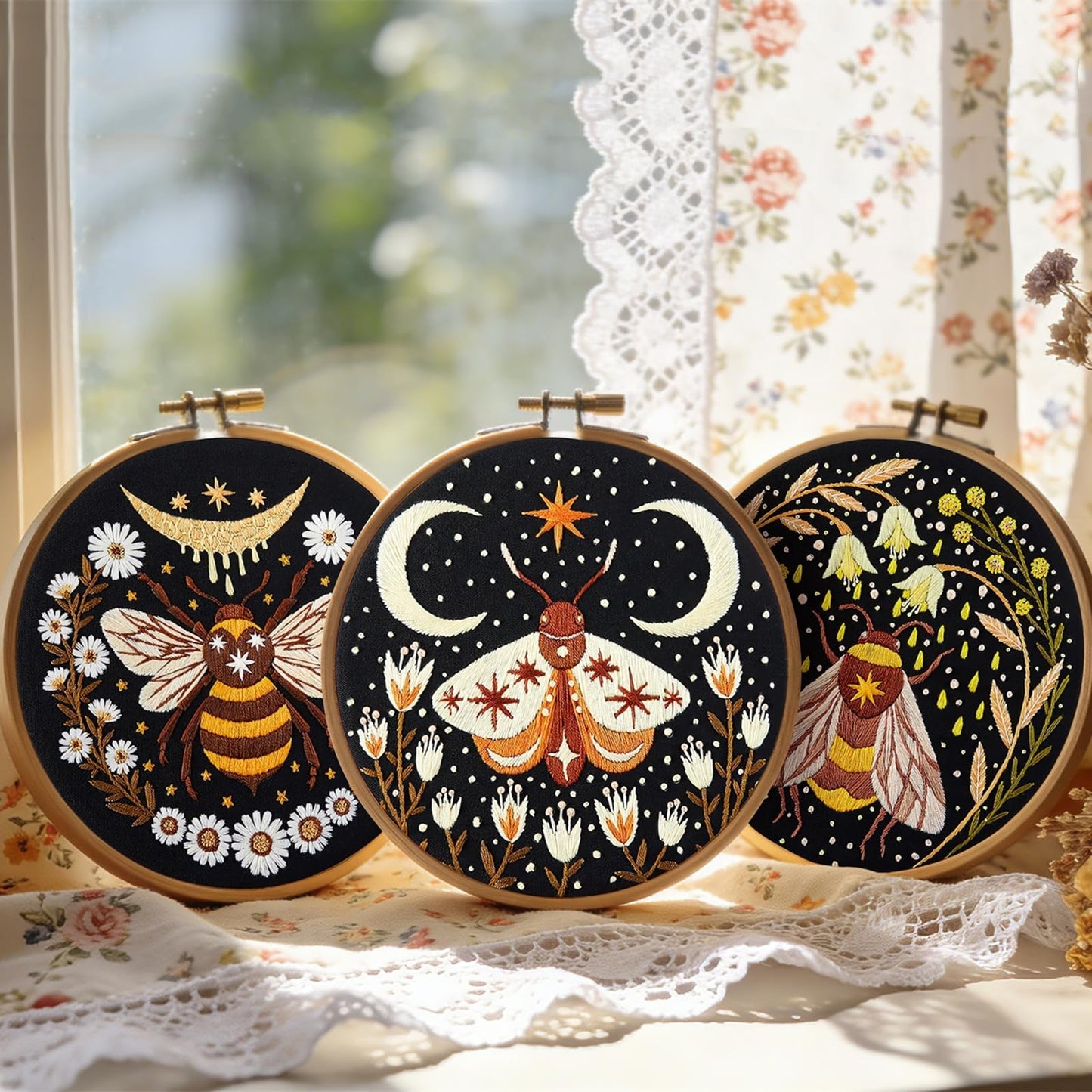 Hand Embroidery Starter Kits for Beginners Adults, Counted Stamped Cross Stitch Kit for Beginners Adults, Embroidery Needlepoint Kit with Moth Flower Pattern, 3 Hoops (Attached Teaching Video QR Code)