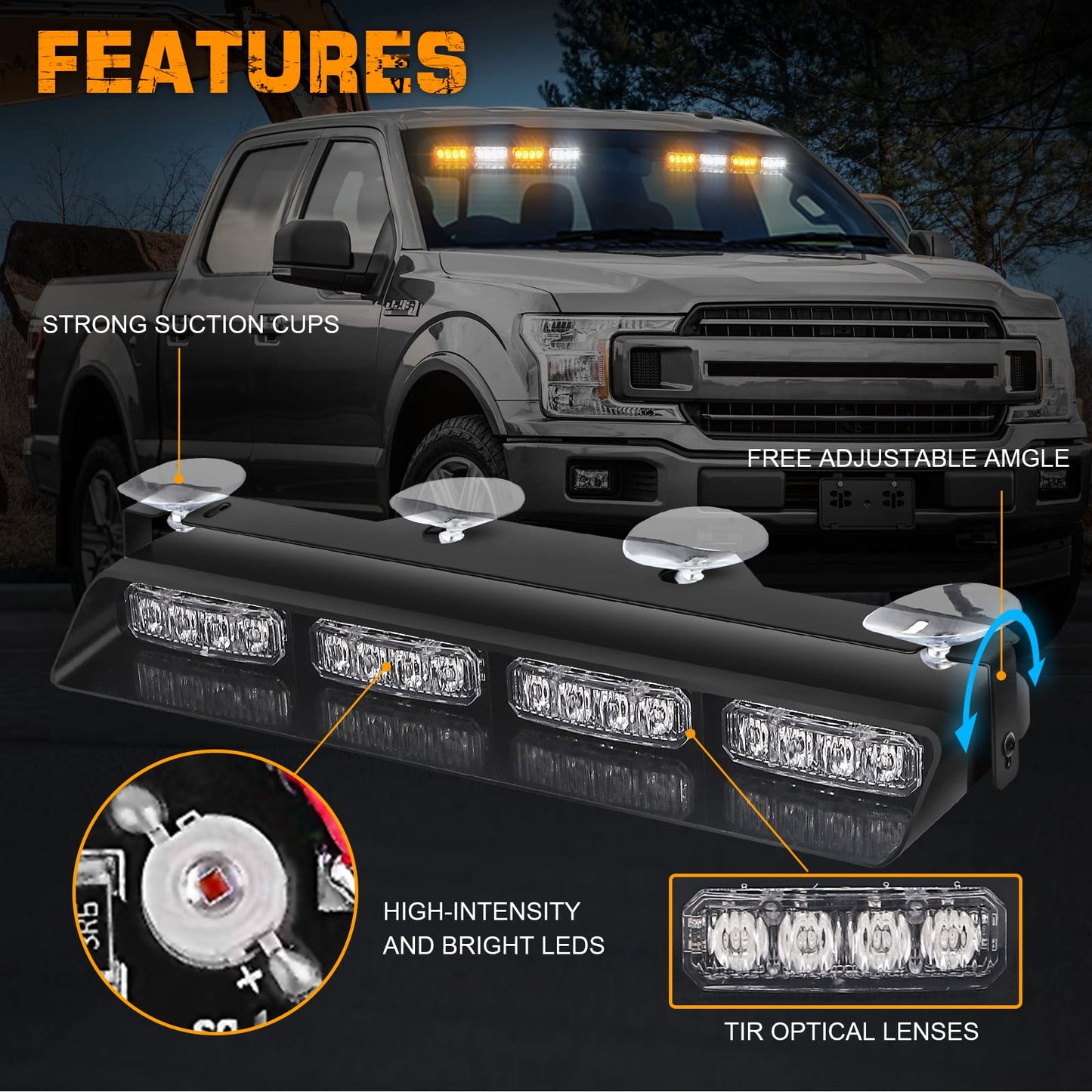 XRIDONSEN Emergency Dash Strobe Lights Safety Flashing Warning Hazard Interior Front/Rear Windshield Deck Split Light Bar with Suction Cups for Construction Vehicles Trucks (2x14 inch, Amber White)