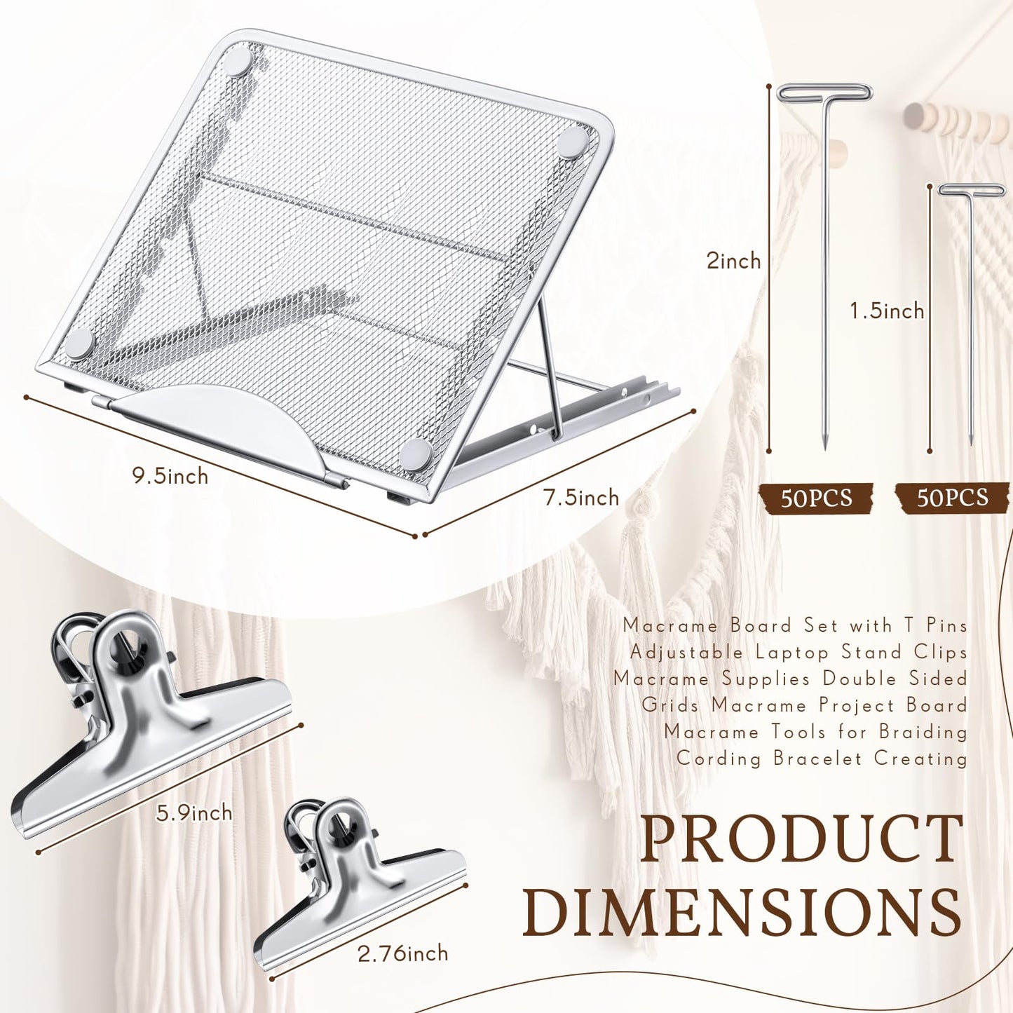 Tandefio 104 Pcs 12x16 Inch Macrame Board and Metal Adjustable Holder with T Pins Clips Macrame Project Supplies Tools Double Sided Grids for Braiding Cording Bracelet Creating