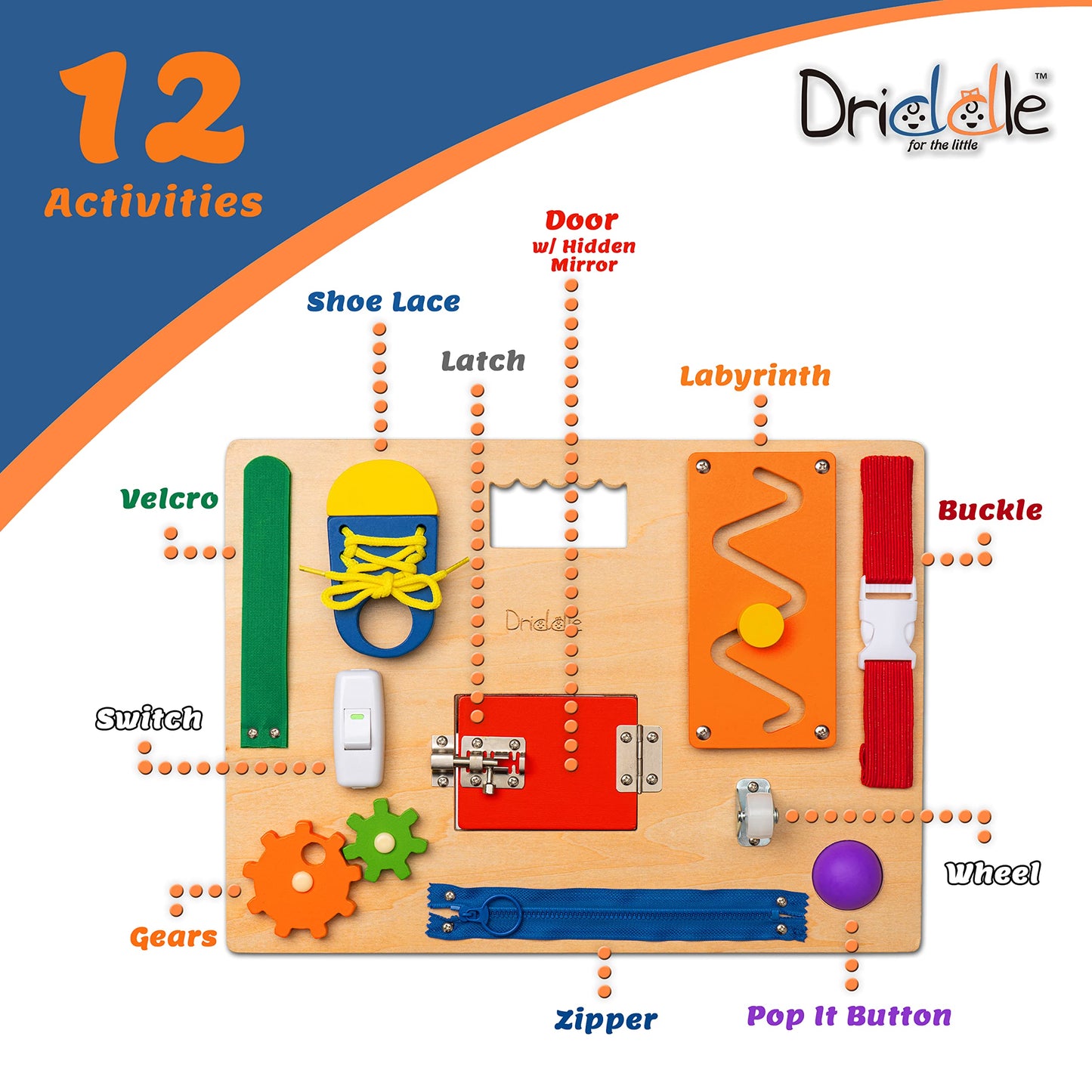 Driddle Busy Board - Wooden Montessori Activity Board for Toddlers & Kids - 12 Educational Sensory Toys to Learn Basic Life Skills & Develop Fine Motor Skills + Baby Mirror