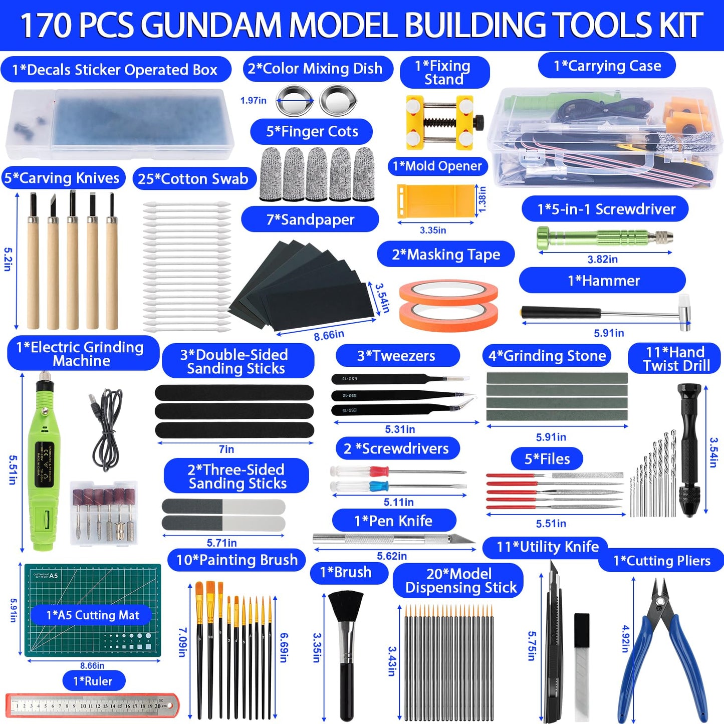 Gundam Tool Kit, 170 Pcs Professional Model Tool Kit for Gundam, Model Kit Tools with Decals Sticker Operated Box, Gunpla Tool Kits for Adults, Model Building Tools Hobby Tools for Repairing Painting